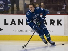 Adam Gaudette of the Vancouver Canucks takes to the ice for Thursday's pre-game warmup at Rogers Arena. Gaudette made his NHL debut for the Canucks as they played the Edmonton Oilers.