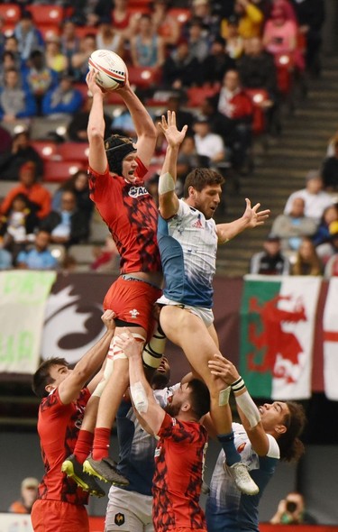 France 7's,(blue &white) and Wales (red)compete in HSBC Canada Men's Sevens action at BC Place Stadium in Vancouver, British Columbia on March 11, 2018. Vancouver is the 6th round, played March 10-11, 2018, in the HSBC Men's Sevens 10 round world series.