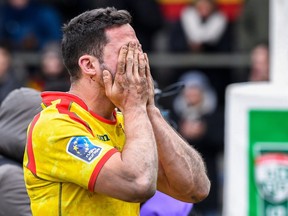 Spain's Fabien Perrin reacts during the game between the Black Devils, Belgian national rugby team, and Spain at the European International Championship Men, in Brussels, on March 18, 2018.