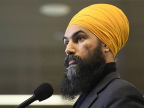 NDP Leader Jagmeet Singh speaks at an availability following caucus meetings in Ottawa on Thursday, Jan. 25, 2018. Singh says Canada should declare as a genocide the anti-Sikh violence that took place in India more than three decades ago.