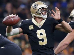 New Orleans Saints quarterback Drew Brees (9) drops back to pass against the Tampa Bay Buccaneers in New Orleans, Sunday, Nov. 5, 2017. (AP Photo/Gerald Herbert)
