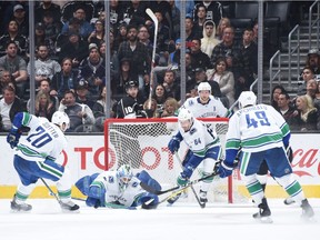 Anders Nilsson makes a save in a 3-0 loss to the Los Angeles Kings at STAPLES Center on Monday night.