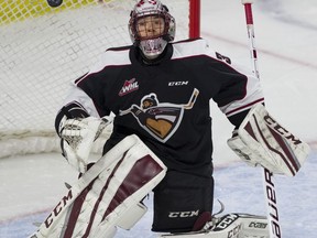 Vancouver Giants goalie David Tendeck keeps his eye on the puck against the Tri-City Americans in a WHL game at the Langley Events Centre on Oct. 6, 2017.