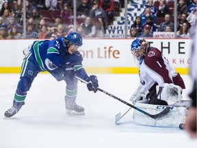 Loui Eriksson is stopped in overtime by Avalanche goalie Semyon Varlamov on Feb. 20.
