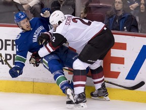 Luke Schenn levels Michael Del Zotto in a second-perioid collision Wednesday.