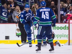 Brandon Sutter celebrates his goal against the Ducks. That guy in the top left corner: Not on Team Tank.