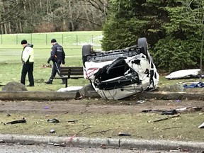 A 21-year-old University of B.C. resident is dead following a high-speed car crash just before 1 a.m. on Sunday, March 4, 2018 near West 16th Avenue and Discovery Street in Vancouver. The vehicle was a Car2Go Mercedes sedan.
