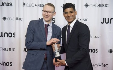 Members of the band The Dead South celebrate their Juno for Traditional Roots Album of the Year at the Juno Gala Dinner and Awards show in Vancouver, Saturday, March 24, 2018.