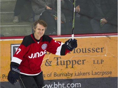 Team Rockers' Jim Cuddy takes to the ice to play Team NHL and Olympians in the 15th annual Juno Cup hockey game at the Bill Copeland Sports Centre in Burnaby.