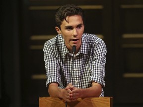 David Hogg, a student survivor from Marjory Stoneman Douglas High School in Parkland, Fla. addresses a community rally for common sense gun legislation at Temple B'nai Abraham Sunday, Feb. 25, 2018, in Livingston, N.J. Speakers include student survivors from Marjory Stoneman Douglas High School in Parkland, Fla., including Hogg, Ryan Deitsch and Matthew Deitsch.