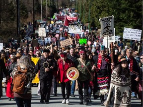 Thousands of people march during a protest against the Kinder Morgan Trans Mountain pipeline expansion in Burnaby on Saturday, March 10, 2018. The company is seeking a permanent injunction against protests that hamper work on the project.