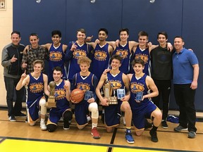 Handout photo of the Rutland Senior Secondary Voodoos. They won the  Okanagan Valley senior boys basketball championships for the first time in 40 years. Marcus Strother was named MVP and fellow Voodoo Eric Wambacher was named tournament all-star. They defeated cross-town rival KSS. The Okanagan Valley Champion Rutland Voodoos: Back Row (left to right): Brian Wambacher (coach), Jeff Balkenhol (coach), Arjan Thouli, Austin Shreeves, Prabthej Deol, Ty Baskin, Tanner Balkenhol, Brenden Aylard, Josh Dorf (coach). Front Row: Robin Loney, Eric Wambacher, Brandon Porter, Marcus Strother, Isaac Young. Missing are Alex Thompson and Austin Lowen.
