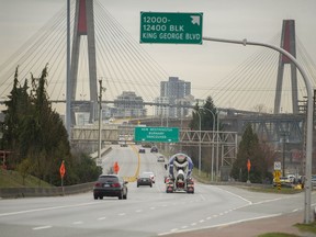 Traffic makes its way from King George Hwy toward the Pattullo Bridge in Surrey.