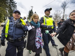 Green MP Elizabeth May is led away after being arrested by the RCMP at an anti-Kinder Morgan protest in Burnaby on March 23.