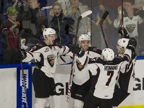 The Vancouver Giants celebrate Tyler Benson's second-period goal on Tuesday against the Victoria Royals in WHL playoff action at Langley Event Centre. The Giants won 5-1 to take a 2-1 lead in the best-of-seven, first-round series.