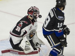 Vancouver Giants' David Tendeck makes a big save against the Victoria Royals during Game 3 of their WHL playoff series at the Langley Events Centre on March 27.