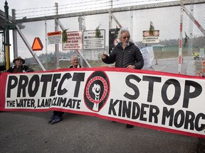 Environmentalist David Suzuki, centre, stops briefly to pose with protesters at an entrance to Kinder Morgan in Burnaby, B.C., on Monday, March 19, 2018. Numerous protesters who blockaded an entrance - defying a court order - were arrested during the protest.