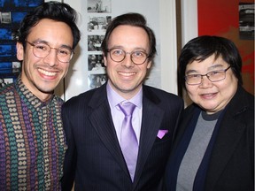 Event emcee Conor Wylie, executive director and curator Tyler Russell and Sun Wah Building property manager Catherine Kwan celebrated Centre A's new 30-year lease, home and expansion efforts.