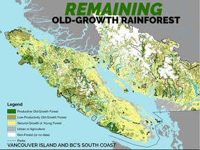 Sierra Club B.C. map shows remaining old-growth forest on Vancouver Island and the South Coast.
