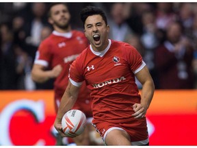 Canada's Nathan Hirayama celebrates a try against France during World Rugby Sevens Series' Canada Sevens Bowl final action, in Vancouver, B.C., on March 13, 2016.