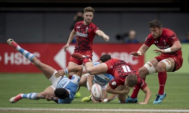 Wales plays Argentina during the World Rugby Seven Series at B.C. Place in Vancouver, Saturday, March, 10, 2018.