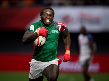 CORRECTS ID TO OSCAR OUMA Kenya's Oscar Ouma runs the ball for the winning try against the United States during World Rugby Sevens Series action, in Vancouver, B.C., on Sunday March 11, 2018.