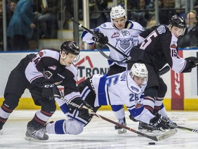 Vancouver Giants winger Brayden Watts corrals the puck in front of a falling Andrei Grishakov of the Victoria Royals during the opening game of the Giants-Royals first-round WHL playoff series at the Save-on-Foods Memorial Centre in Victoria on Friday, March 23, 2018. (Photo: Darren Stone, Times Colonist)