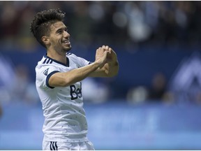 Vancouver Whitecaps' Nicolas Mezquida celebrates his second goal against the San Jose Earthquakes during the second half of an MLS playoff soccer game in Vancouver, B.C., on Wednesday October 25, 2017.