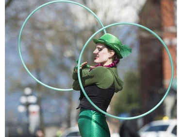 Ariel Amara leads a hulu hoop session at the St. Patrick's Day party at the Blarney Stone, Vancouver, March 17 2018.