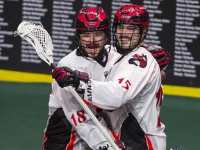 The Vancouver Stealth’s Corey Small (right, celebrating a goal with teammate Logan Schuss earlier this season) is potentially the biggest trading chip the Stealth have as the league’s trade deadline looms, but the cellar-dwelling club has indicated it’s not interested in moving its leading scorer. (Photo: Gerry Kahrmann, PNG files)