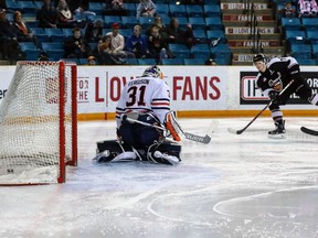 Vancouver Giants right-winger Ty Ronning snaps his 60th goal of the season past Blazers netminder Dylan Ferguson in the second period of Vancouver's 4-1 win on March 14 at the Sandman Centre in Kamloops. Ronning, a New York Rangers' draft pick, had led the Giants in goals in 2016-17 with 25.