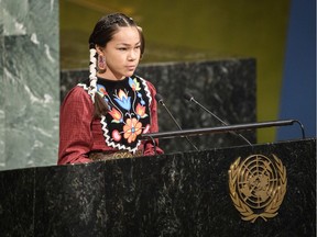 Autumn Peltier, 13, from the Anishinaabe tribe of Canada, speaks in the General Assembly for the launch of the International Decade for Action on Water for Sustainable Development, Thursday, March 22, 2018, at U.N. headquarters.