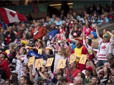 Rugby fans attend the World Rugby Seven Series at B.C. Place in Vancouver, Saturday, March, 10, 2018.