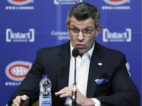 Montreal Canadiens general manager Marc Bergevin meets the media to discuss this team's season at the Bell Sports Complex in Brossard on Monday April 9, 2018.