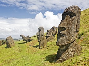 Moais in Rapa Nui National Park on the slopes of Rano Raruku volcano on Easter Island, Chile.