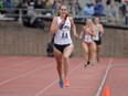 Nicole Hutchinson runs the anchor leg on the Villanova women's 4 x 1,500-metre relay that won the Championship of America race in 17:35.48 during the 124th Penn Relays at Franklin Field.