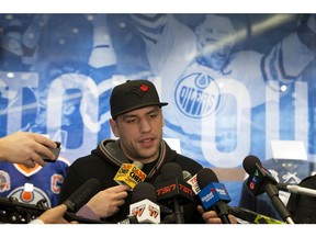 Milan Lucic speaks to the media at Rogers Place following the conclusion of the Edmonton Oilers 2017/2018 NHL season, in Edmonton Sunday April 8, 2018.