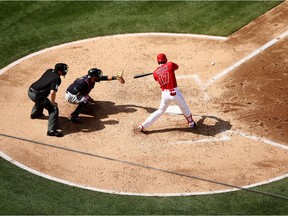 Shohei Ohtani of the Los Angeles Angels of Anaheim connects for a two-run home run in the fifth inning of a game against the Cleveland Indians Wednesday at Angel Stadium.