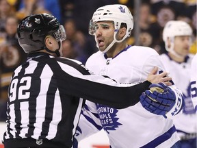 Nazem Kadri of the Toronto Maple Leafs reacts after being called for boarding during the third period of Game 1 in the Eastern Conference first-round playoff series against the Boston Bruins on April 12, 2018 in Boston, Mass.