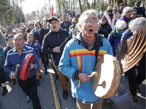 Indigenous leaders, the Coast Salish Water Protectors and others demonstrate against the expansion of the Kinder Morgan Trans Mountain pipeline at Burnaby in March.