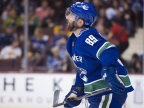 Sam Gagner looks up for some inspiration during a break in play during the Vancouver Canucks’ game against the Vegas Golden Knights on April 3, 2018 at Rogers Arena.