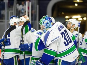 Thatcher Demko and the rest of the Utica Comets react to losing Game 5 of their AHL series against the Toronto Marlies on Sunday.