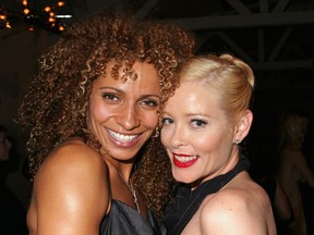 Actresses Pamela Gidley and Michelle Hurd attend the Fox 'Skin' Premiere Party on October 13, 2003 in Hollywood, California. (Photo by Giulio Marcocchi /Getty Images)