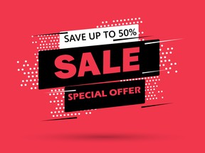 Super Sale and special offer. 50% off. Vector illustration. Trendy neon geometric figures wallpaper in a modern material design style. Coloured banner