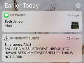 A province-wide system that allows emergency alerts to be sent via text messages goes live on Friday, while the first test alert will be sent next month. This smartphone screen capture shows a false incoming ballistic missile emergency alert sent from the Hawaii Emergency Management Agency system on Saturday, Jan. 13, 2018.