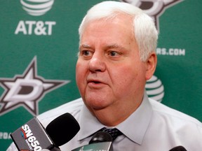 In this Feb. 11, 2018, file photo, Dallas Stars head coach Ken Hitchcock talks to the media prior to an NHL hockey game against the Vancouver Canucks