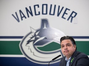 Vancouver Canucks' head coach Travis Green pauses while speaking during an end of season news conference at Rogers Arena on Monday.