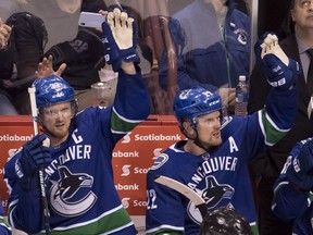 Henrik and Daniel Sedin acknowledge the Rogers Arena faithful during their final career home stand.