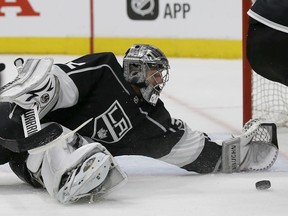 Los Angeles Kings goaltender Jonathan Quick stops a shot against the Vegas Golden Knights during the first period of game 4 of an NHL hockey first-round playoff series in Los Angeles, Tuesday, April 17, 2018.