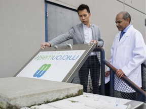 Alfred Wong, president of Micronwaste Technologies, and Bob Bhushan, the chief technical officer, look into a Micronwaste Solutions unit that converts biomass to water.